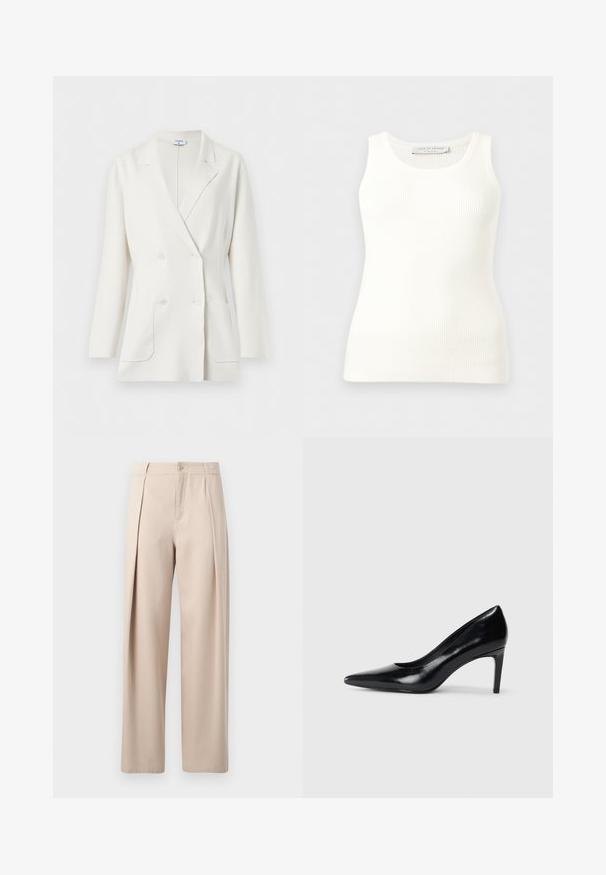 Blazer blanc croisé avec col à revers crantés, manches longues, deux poches avant et quatre boutons blancs de Filippa K.; Débardeur blanc côtelé sans manches avec encolure ronde, coupe ajustée, et étiquette de la marque à l'intérieur du col arrière.; Pantalon beige à coupe droite, avec deux plis devant, une braguette à boutons et une texture lisse. Aucune poche visible sur l'image.; Chaussure à talon haut en cuir noir avec un bout pointu, texture lisse et un talon effilé. Design minimaliste, sans embellissements supplémentaires.