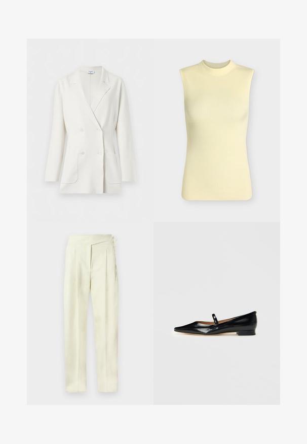 Blazer blanc croisé avec col à revers crantés, manches longues, deux poches avant et quatre boutons blancs de Filippa K.; Top sans manches en maille côtelée jaune pâle avec un col rond montant, silhouette ajustée et tissu doux texturé.; Pantalon taille haute couleur crème, coupe ajustée avec plis, fermeture latérale et jambes droites, sur fond uni.; Chaussure plate Mary Jane en cuir verni noir, à bout pointu, avec une seule sangle et un petit talon sur fond uni.