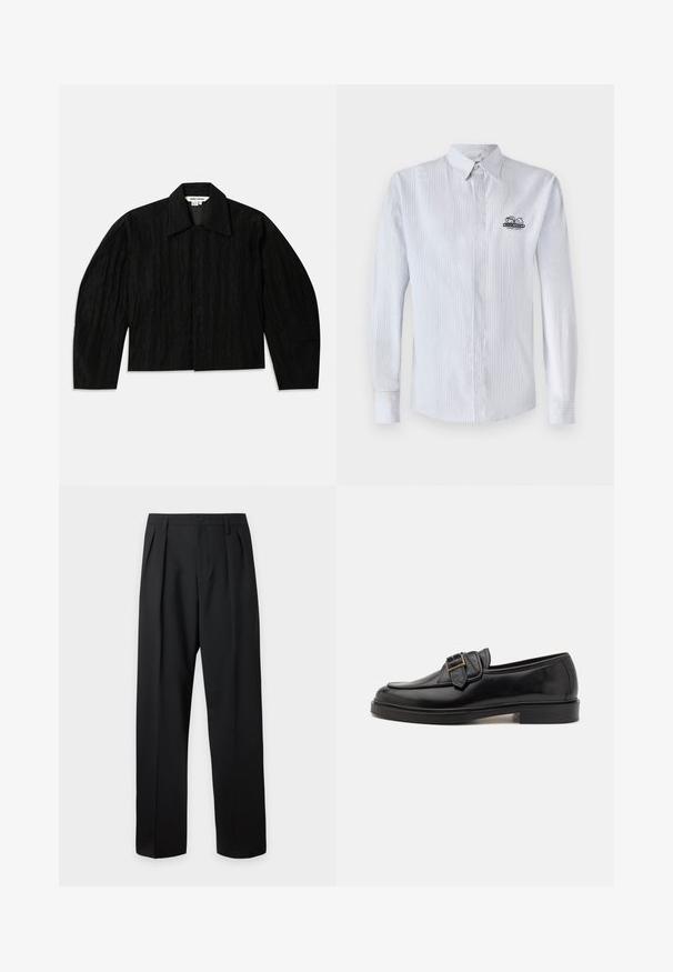 Zwarte cropped jas met een gestructureerd oppervlak, brede kraag en lange, iets taps toelopende mouwen. Voorzien van een verborgen sluiting aan de voorkant.; Iceberg CAMICIA - Overhemd - bianco/blu/azzurro; Zwarte, hoog getailleerde, op maat gemaakte broek met riemlussen, voorplooien, knoopsluiting en rechte, wijde pijpen op een lichte achtergrond.; Zwarte leren instappers met een ronde neus en een decoratieve gesp. Platte, stevige hak en een gladde textuur overal.