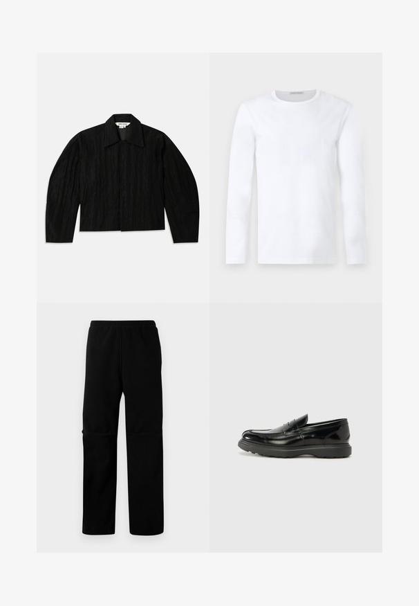 Sort cropped jakke med en tekstureret overflade, bred krave og lange, let indsnævrede ærmer. Har en skjult frontlukning.; Hvid langærmet rundhalset trøje med et enkelt og rent design uden synlige mønstre eller logoer.; Sorte fleecebukser med elastisk talje og lige ben. Glat tekstur uden synlige mønstre eller hardware.; Sort læderloafer med en blank finish, rund tå, subtile syninger og en tyk gummisål for holdbarhed.