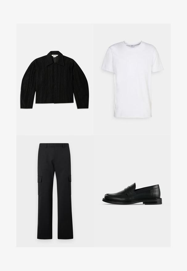 Zwarte cropped jas met een gestructureerd oppervlak, brede kraag en lange, iets taps toelopende mouwen. Voorzien van een verborgen sluiting aan de voorkant.; Witte t-shirt met korte mouwen, gemaakt van katoen. Heeft een ronde halslijn en een comfortabele pasvorm zonder zichtbare patronen of accessoires.; Zwarte cargo-broek met rechte pijpen, zijflappzakken en riemlussen op een effen witte achtergrond.; Zwarte leren heren penny loafer met lage gestapelde hak en afgeronde neus, zijaanzicht op lichte grijze achtergrond.