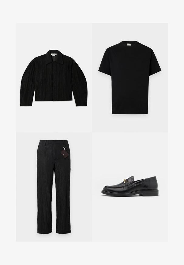 Sort cropped jakke med en tekstureret overflade, bred krave og lange, let indsnævrede ærmer. Har en skjult frontlukning.; Sort bomuld t-shirt med rund hals, korte ærmer og lige snit. Ingen synlige mønstre eller hardwaredetaljer.; Sorte, teksturerede bukser med vide ben, glat overflade og synlige sømme; inkluderer et mærke fastgjort med en sølvhardware løkke.; Sorte læder loafers med en rund tå, der har guld hardware accent og syningsdetaljer, placeret på en lav, tekstureret gummisål.