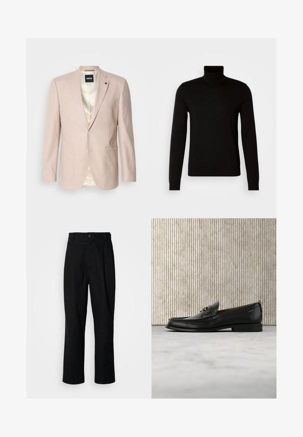 Lyserød blazer med et subtilt ternet mønster. Har en spids krave, to forreste lommer og en enkelt knaplukning. Foret inderdel.; Sort turtleneck sweater lavet af et fint strikket stof, der har lange ærmer og en tætsiddende silhuet. Glat tekstur med ribbede manchetter.; Sorte lige ben bukser med en knaplukket talje, bæltestropper og en frontfold, præsenteret mod en ensfarvet hvid baggrund.; Sort læderloafers med guldfarvet metaldekoration og "HUGO" branding, vist mod en beige tæppe og brunt gennemsigtigt møbel.