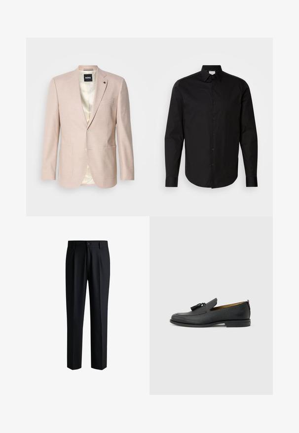 Lichtroze blazer met een subtiel ruitpatroon. Heeft een geknipt revers, twee voorzakken en een sluiting met één knop. Gevoerd interieur.; Zwarte langekleurige blouse met knopen, gemaakt van een gladde katoenen stof. Kenmerkt zich door een klassieke kraag, knopen aan de voorkant en een afgeronde zoom.; Zwarte broek van gladde stof, met een rechte pijpdesign, plooien aan de voorkant en een knoopsluiting met riemlussen.; Zwarte leren herenslof met kwastjes, ronde neus, lage hak en trekkoord aan de achterkant, zijaanzicht op lichtgrijze achtergrond.