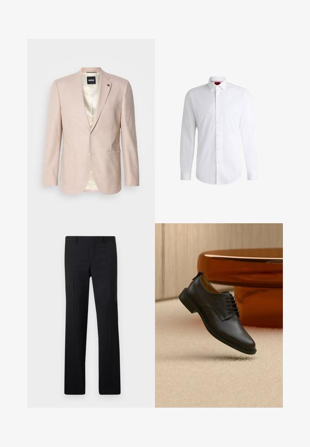 Heller rosa Blazer mit dezentem Karomuster. Verfügt über einen Reverskragen, zwei vordere Taschen und einen einzelnen Knopfverschluss. Gefüttertes Innenfutter.; Weißes Herrenhemd aus glattem Stoff mit klassischem Kragen, langen Ärmeln und abgerundetem Saum. Mit eleganten beigen Knöpfen an der Vorderseite.; Schwarze maßgeschneiderte Hose mit geradem Schnitt, scharfen Falten und glatter Oberfläche. Hergestellt aus leichtem Stoff mit einem sauberen Bund.; Schwarzer Herrenschuh aus Leder mit Schnürung, schwebt über einem beigen Teppich, im Hintergrund ein brauner runder Kaffeetisch.