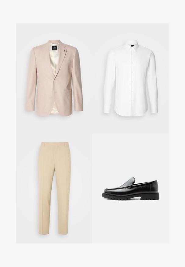 Heller rosa Blazer mit dezentem Karomuster. Verfügt über einen Reverskragen, zwei vordere Taschen und einen einzelnen Knopfverschluss. Gefüttertes Innenfutter.; Weißes Langarmhemd, vorne mit Knöpfen, klassischer Kragen, aus glattem Stoff mit feiner Textur, für eine figurnahe Passform entworfen.; Beige maßgeschneiderte Hosen mit geradem Bein, aus leichtem Stoff, mit zwei vorderen Taschen und ordentlich gebügelten Falten.; Schwarzer Lederloafer mit grober Gummisohle, genähter Oberseite und geprägtem Markennamen an der Ferse, seitlich auf weißem Hintergrund gezeigt.