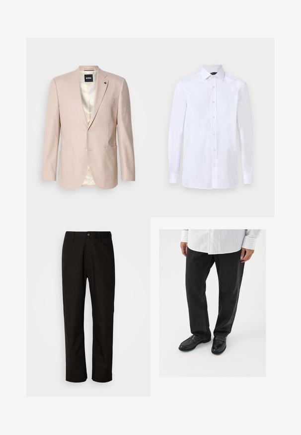 Lichtroze blazer met een subtiel ruitpatroon. Heeft een geknipt revers, twee voorzakken en een sluiting met één knop. Gevoerd interieur.; Wit herenoverhemd met lange mouwen, knoopsluiting aan de voorkant en puntige kraag, getoond op een effen achtergrond.; Zwarte katoenen broek met een rechte snit, riemlussen, een ritssluiting aan de voorkant en een enkele knoopsluiting. Soepele textuur zonder zichtbare patronen.; Zwarte denim broek gecombineerd met glanzende zwarte instappers. Het shirt is wit met dunne verticale strepen, heeft lange mouwen en een geknoopte kraag.