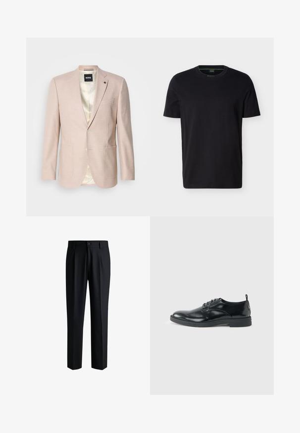 Lyserød blazer med et subtilt ternet mønster. Har en spids krave, to forreste lommer og en enkelt knaplukning. Foret inderdel.; Sort kortærmet T-shirt med rund hals og en lille grøn "BOSS"-label inde i kraven.; Sorte bukser lavet af glat stof, med lige ben-design, plisseringer foran og knaplukning med bæltestropper.; Blank sort læder dresssko med lav hæl, snørelukning og rund tå, vist fra siden på ensfarvet lys baggrund.