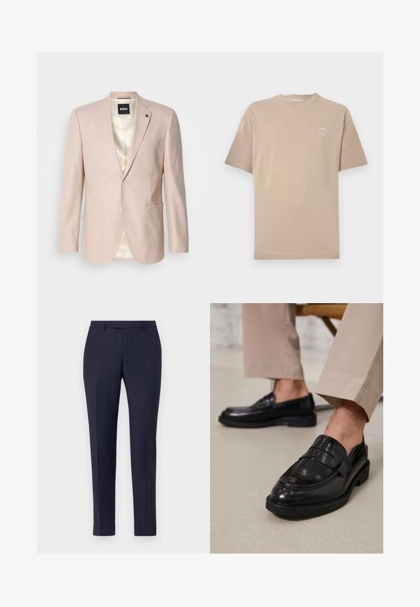 Heller rosa Blazer mit dezentem Karomuster. Verfügt über einen Reverskragen, zwei vordere Taschen und einen einzelnen Knopfverschluss. Gefüttertes Innenfutter.; Beiges Baumwoll-T-Shirt mit Rundhalsausschnitt, kurzen Ärmeln und dezentem, gedrucktem Branding auf der linken oberen Brust. Glatte Textur, minimalistisches Design.; Navyblaue maßgeschneiderte Hose mit einem eleganten Design, flachem Vorderteil, schmalen Beinen und ohne sichtbare Beschläge oder Muster. Glatte Stofftextur.; Schwarze Lederloafers mit glatter Oberfläche, ausgestattet mit einem dekorativen Riemen und Kontrastnähten, kombiniert mit beigen Hosen.