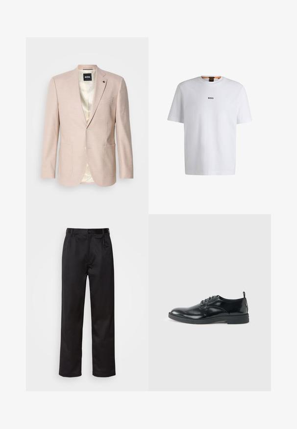 Blazer rosa claro con un sutil patrón de cuadros. Cuenta con solapa muestrada, dos bolsillos frontales y cierre de un solo botón. Forrado en su interior.; Camiseta de algodón blanca de manga corta, con un logotipo negro "BOSS" centrado en el pecho y un diseño de cuello redondo.; Pantalones negros de tela suave, con cierre delantero de botón, pliegues y patas rectas. Sin patrones ni acentos visibles.; Zapato de vestir negro de cuero brillante con tacón bajo, cierre de cordones y puntera redonda, mostrado de lado sobre un fondo claro y liso.