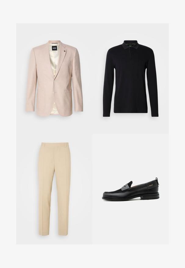 Lichtroze blazer met een subtiel ruitpatroon. Heeft een geknipt revers, twee voorzakken en een sluiting met één knop. Gevoerd interieur.; Zwarte langslavige polo shirt van gladde stof. Heeft een kraag, een placket met drie knopen en een subtiele logo op de borst.; Beige op maat gemaakte broek met een recht gesneden ontwerp, gemaakt van lichtgewicht stof, met twee voorzakken en nette, geplooide vouwen.; Zwarte leren loafer met grijs riemdetailelement, lage hak en gestructureerde zool, aan de zijkant gebrandmerkt met "HUGO" in goud.