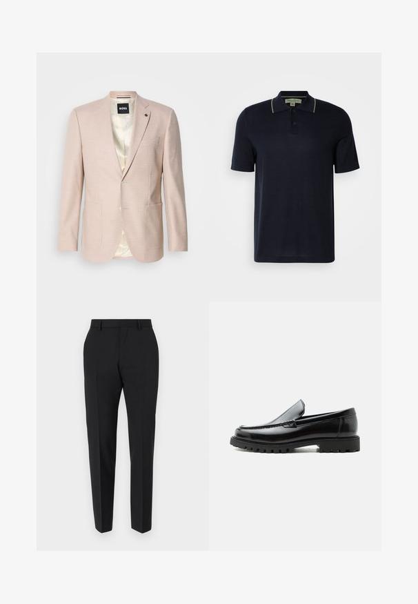 Heller rosa Blazer mit dezentem Karomuster. Verfügt über einen Reverskragen, zwei vordere Taschen und einen einzelnen Knopfverschluss. Gefüttertes Innenfutter.; Marineblaues Poloshirt mit kurzen Ärmeln, zwei Knöpfen und dezentem beigefarbenen Saum am Kragen, vor einem einfarbigen hellen Hintergrund präsentiert.; Schwarze Hose mit maßgeschneidertem Design, flacher Vorderseite, Faltendetails und schlanker Passform. Aus einem glatten Stoff für einen eleganten Look.; Schwarzer Lederloafer mit grober Gummisohle, genähter Oberseite und geprägtem Markennamen an der Ferse, seitlich auf weißem Hintergrund gezeigt.