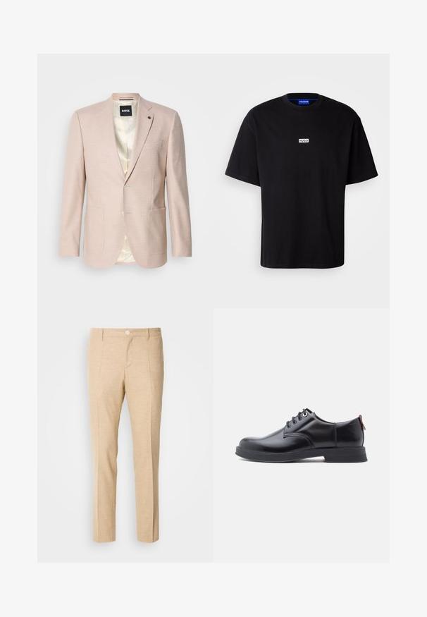 Lyserød blazer med et subtilt ternet mønster. Har en spids krave, to forreste lommer og en enkelt knaplukning. Foret inderdel.; Sort bomulds t-shirt med rund hals, korte ærmer og et hvidt rektangulært "HUGO" logo på brystet. Glat overflade, afslappet pasform.; Beige skræddersyede bukser med en struktureret stof, lige ben-design, frontklapper og en enkelt knaplukning i taljen.; Sorte snørestøvler i læder med glat tekstur, rundet tå og diskrete syningsdetaljer. Har en rød trækflig på hælen.