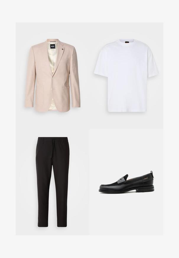 Blazer rose clair avec un motif à carreaux subtil. Présente un col cranté, deux poches avant et une fermeture à un bouton. Intérieur doublé.; T-shirt en coton blanc avec un col rond, des manches courtes et une coupe décontractée. Les coutures épaules texturées ajoutent un détail supplémentaire.; Pantalons de jogging noirs en tissu lisse. Dotés d'une taille élastique avec cordon de serrage, jambes fuselées, et sans poches visibles. Design simple.; Mocassin en cuir noir avec détail de bride grise, talon bas et semelle texturée, marqué "HUGO" en or sur le côté.