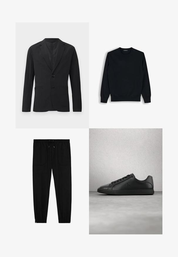 Zwarte blazer van gladde stof, met een sluiting van twee knopen, pieklapels en twee voorkruipzakken. Geen zichtbare patronen of accenten.; Zwarte trui met lange mouwen en ronde hals, met geribbelde boorden en zoom, plat gelegd op een witte achtergrond.; Zwarte joggingbroek met elastische tailleband, koordsluiting, voorzakken met opgestikte zakken en elastische boorden, op een witte achtergrond.; Zwarte leren sneaker met veters en een geëmboste "ck"-logo die zweeft boven een grijze vloer bij een glasstenen muur.