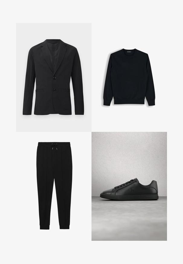 Sort blazer lavet af glat stof, med en to-knaps lukning, spidse lapeller og to frontlommer. Ingen synlige mønstre eller accenter.; Sort langærmet crewneck-trøje med ribbet manchet og kant, lagt fladt på en hvid baggrund.; Sorte træningsbukser med snøre i taljen, tapered ben og ribbede manchetter. Fremstillet af et blødt stof med en glat tekstur.; Sort læder sneaker med snørebånd og præget "ck" logo, der svæver over en grå gulv nær en glasblokvæg.