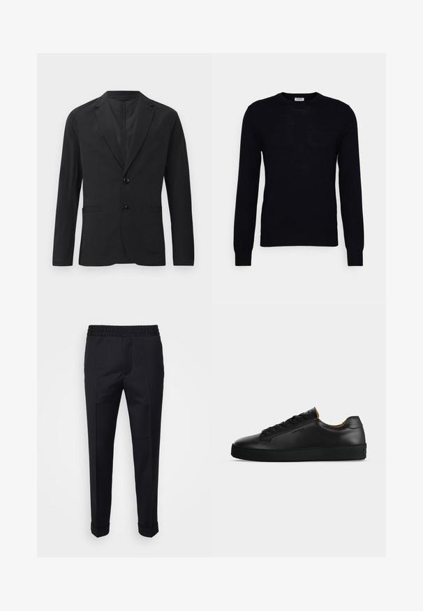 Sort blazer lavet af glat stof, med en to-knaps lukning, spidse lapeller og to frontlommer. Ingen synlige mønstre eller accenter.; Sort langærmet sweater lavet af blødt strikket materiale. Rund halsudskæring, ribbede manchetter og kant. Minimalistisk design uden synlige mønstre eller knapper.; Sorte bukser lavet af letvægtsstof, med elastisk talje, sidelommer og oprevne kant. Glat tekstur med frontvendinger.; Sort lavtopet læder-sneaker med sorte snørebånd, tekstureret gummisål og lille præget logo på siden, vist i profil mod grå baggrund.