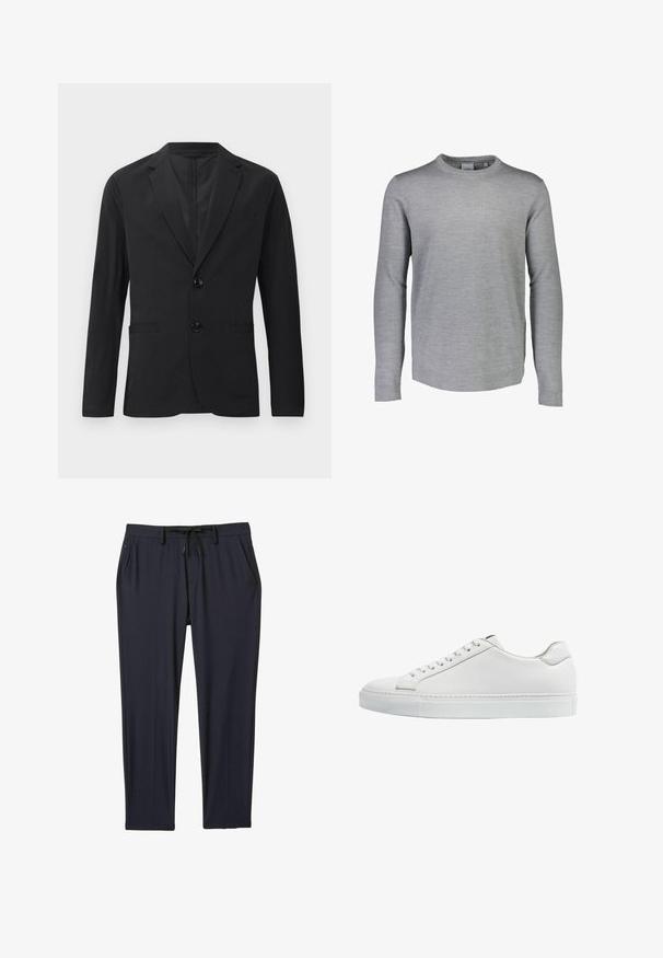 Zwarte blazer van gladde stof, met een sluiting van twee knopen, pieklapels en twee voorkruipzakken. Geen zichtbare patronen of accenten.; Lindbergh CREW NECK - Trui - grey mel; Marineblauwe sportbroeken van rekbare stof, met een tailleband met trekkoord, twee zijzakken en een rechte pijp.; Witte leren sneakers met een gladde afwerking, ronde neus, platte witte rubberen zool en witte veters. Minimalistisch ontwerp met subtiele stiksels.