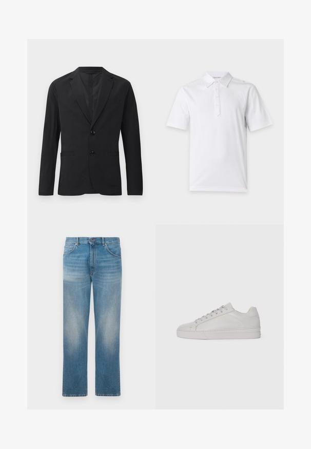 Blazer negro de tela suave, con cierre de dos botones, solapas puntiagudas y dos bolsillos frontales. Sin patrones ni acentos visibles.; Polo blanco de manga corta con cuello y cuatro botones en una tapeta, mostrado sobre un fondo liso y claro.; Jeans de mezclilla azul de pierna recta con parches descoloridos en los muslos y las rodillas, que presentan un clásico diseño de cinco bolsillos y cierre de botón.; Zapatilla de cuero gris claro con una textura suave, punta redondeada, suela de goma plana y cordones tonales. Presenta una marca mínima en dorado.