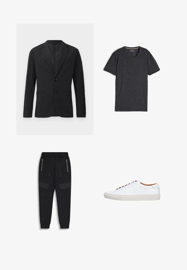 Blazer negro de tela suave, con cierre de dos botones, solapas puntiagudas y dos bolsillos frontales. Sin patrones ni acentos visibles.; Camiseta de manga corta de color negro con hebras de lana merino, que presenta un cuello redondo y una tela suave, con una ligera textura.; Pantalones jogger negros con cintura elástica, cordones, bolsillos laterales con cremallera y detalle adicional de tela en los muslos, tobillos con puños.; Zapatilla blanca de cuero con suela de goma texturizada, puntera redonda e interior en contraste color marrón claro. Cuenta con cinco ojales y cordones blancos.