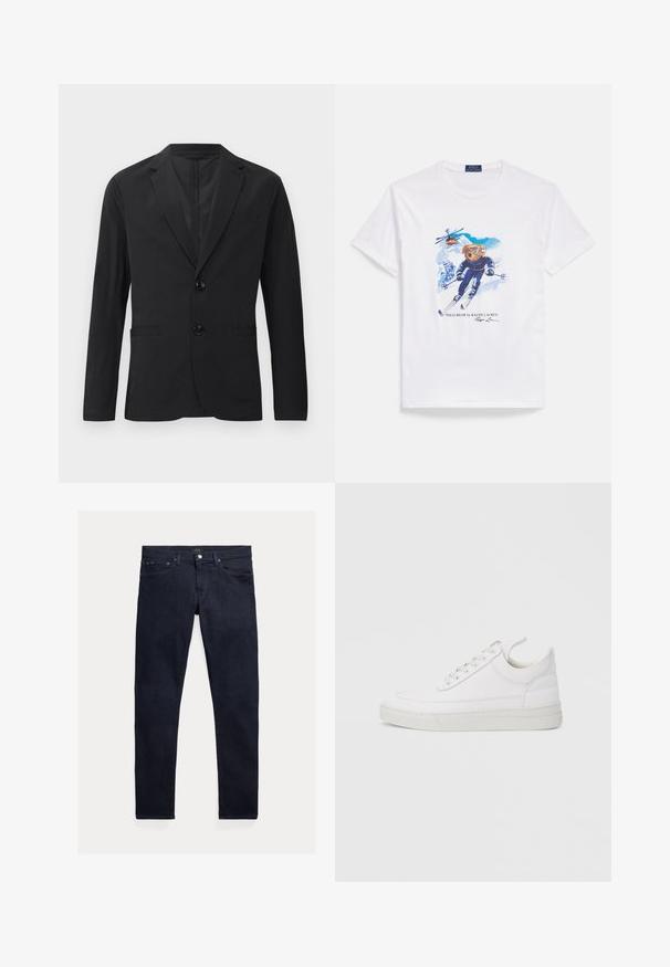 Sort blazer lavet af glat stof, med en to-knaps lukning, spidse lapeller og to frontlommer. Ingen synlige mønstre eller accenter.; Hvid bomuld T-shirt med en farverig grafik af en skiløbende bjørn med blå detaljer og en helikopter ovenover samt trykt mærketekst nedenunder.; Mørkeblå denimjeans med en slank pasform. Har fem lommer, lynlås og lukning med metal-knap. Glat tekstur med minimal falmning.; Hvid lædersneaker med rundet tå, flad sål og snørebånd foran. Har syningsdetaljer og polstret krave for komfort.