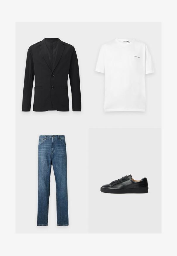 Blazer negro de tela suave, con cierre de dos botones, solapas puntiagudas y dos bolsillos frontales. Sin patrones ni acentos visibles.; Camiseta blanca de manga corta con cuello redondo y pequeño logo de texto "Tiger of Sweden" en el pecho izquierdo.; Jeans de mezclilla azul oscuro, diseño de pierna recta, estilo de cinco bolsillos, costura visible y cierre clásico de botón. Ligera efecto de lavado en la tela.; Zapatilla negra de cuero con una textura suave, puntera redonda y cierre de cordones. Presenta una suela de goma gruesa y un detalle de marca mínimo.