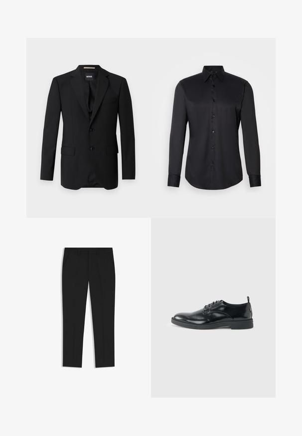 Blazer noir avec revers crantés, design à un bouton, deux boutons et deux poches avant. Tissu lisse et coupe ajustée.; Chemise noire à manches longues en tissu lisse, dotée d'un col classique et d'une fermeture à boutons sur le devant.; Pantalons noirs sur mesure avec une coupe droite, dotés de deux poches latérales et de plis sur le devant pour plus de structure, fabriqués en tissu lisse.; Chaussure habillée en cuir noir brillant avec un petit talon, fermeture à lacets et bout rond, vue de côté sur un fond uni et clair.