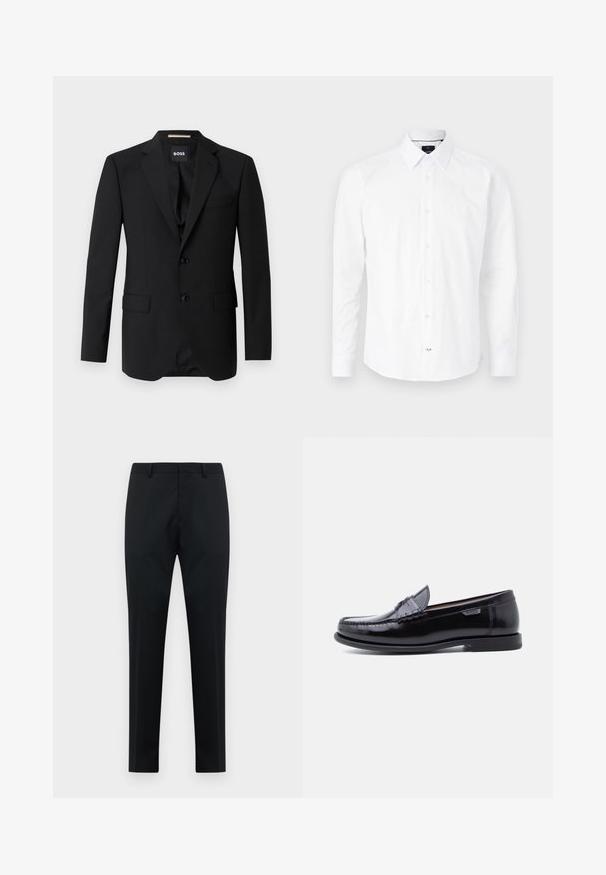 Zwart colbert met notched kleppen, enkelsluiting, twee knopen en twee voorzakken. Glad materiaal en op maat gemaakte pasvorm.; Witte longsleeve shirt van katoen. Bevat een knoopdown kraag, een knoopsluiting aan de voorkant met roze knopen en een gebogen zoom.; Zwarte op maat gemaakte heren formele broeken met riemlussen, platte voorkant en rechte pijpen op een witte achtergrond.; Zwarte leren loafers met een glanzende afwerking, voorzien van een gestikt ontwerp op de neus en een lage, zwarte rubberen zool met structuur.