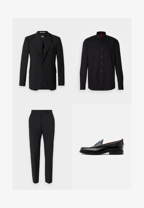 Sort blazer med spidse klapper, enknapsdesign, to knapper og to frontlommer. Glat stof og skræddersyet pasform.; Sort langermet skjorte lavet af glat stof, med en klassisk krave, knaplukning foran og skræddersyet pasform.; Sorte bukser med et skræddersyet design, flad front, pressefolder og en slank pasform. Lavet af et glat stof for et elegant udseende.; Sort læder herre loafer med moc-tå syning, penny strop, struktureret krave og lav stablet hæl på hvid baggrund.