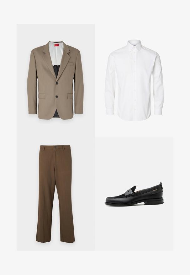 Blazer marron en tissu texturé, doté d'une coupe à un bouton, de deux poches avant et d'un revers cranté. Doublure aux couleurs contrastées.; Chemise blanche à manches longues avec boutons, col pointu, boutons visibles sur le devant et poignets fermés par des boutons.; Pantalons marron à jambes droites en tissu texturé, avec une fermeture à bouton et une taille standard, dotés de poches latérales et de coutures ajustées.; Mocassin en cuir noir avec détail de bride grise, talon bas et semelle texturée, marqué "HUGO" en or sur le côté.