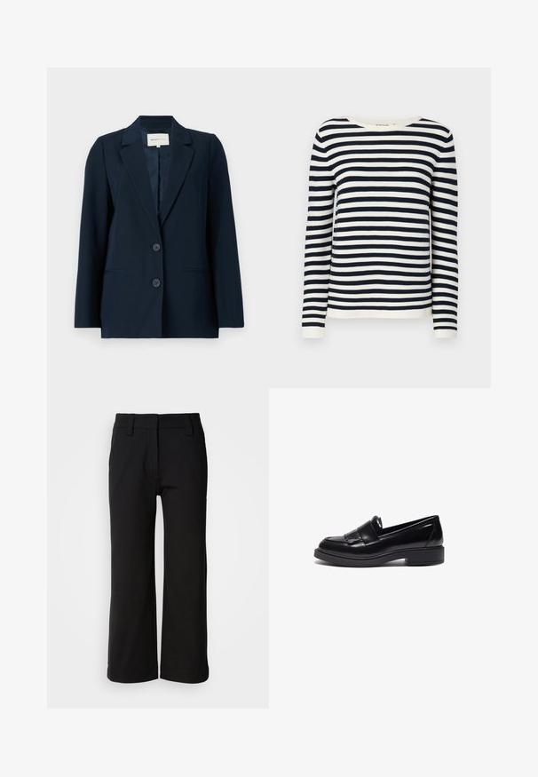 Blazer azul marino hecho de tejido suave, con diseño de un solo boton, solapas con muesca, dos botones y bolsillos laterales para mayor funcionalidad.; Suéter de rayas navy y blanco de manga larga con cuello redondo y puños acanalados. Tejido de punto suave con un corte clásico.; Pantalones de pierna ancha negros hechos de una tela suave. Presenta un frente plano, lazos para cinturón y un dobladillo limpio sin bolsillos ni cierres visibles.; Mocasines de cuero negro con un diseño elegante, que incluyen una punta redondeada, flecos decorativos y una suela de goma texturizada y baja.