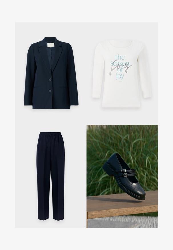 Navyblazer aus glattem Stoff, mit einem einreihigen Design, gekerbten Revers, zwei Knöpfen und praktischen seitlichen Taschen.; Weißes Langarm-T-Shirt aus Baumwolle mit blauem Text "die Saison der Freude" in einer Mischung aus Schriftarten und schwarzen Akzentdetails.; Marineblaue weite Hosen mit elastischem Bund und verstellbarem Kordelzug. Aus glattem Stoff gefertigt, mit gerader Silhouette und ohne Taschen.; Schwarzer Mary Jane Lederschuh mit doppelten Schnallenriemen und Brogue-Details, schwebend über einer Holzbank mit grünem Gras im Hintergrund.