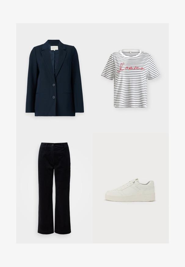 Blazer azul marino hecho de tejido suave, con diseño de un solo boton, solapas con muesca, dos botones y bolsillos laterales para mayor funcionalidad.; Camiseta blanca de manga corta con finas rayas horizontales negras y texto en cursiva roja "l'amour" en el pecho.; Pantalones de pana negra de corte recto con cierre de botón y cremallera, trabillas para cinturón y bolsillos laterales sobre un fondo blanco.; Zapatilla blanca con un exterior de cuero liso, punta redonda, seis ojales, cuello acolchado y suela de goma texturizada. Logo de la marca sutil en el lateral.