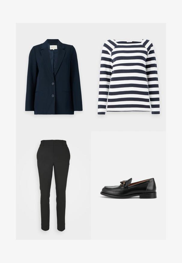 Blazer azul marino hecho de tejido suave, con diseño de un solo boton, solapas con muesca, dos botones y bolsillos laterales para mayor funcionalidad.; TOM TAILOR STRIPED CARRE NECK - Camiseta de manga larga - lunar eclipse/off white; Pantalones negros ajustados de corte entallado, con una textura suave y una cinturilla plana. Presentan presillas para cinturón y sin patrones o acentos visibles.; Mocasín de cuero negro con tacón bajo, puntera redondeada y detalle decorativo de hebilla metálica en la parte delantera.