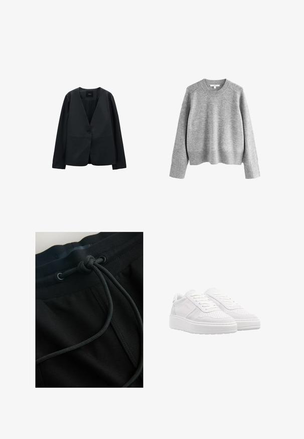 Schwarzer, strukturierter Blazer aus glattem Stoff. Verfügt über einen tiefen V-Ausschnitt, einen einzelnen Knopfverschluss und lange Ärmel mit minimalen Details.; Grau gestrickter Pullover mit geripptem Ausschnitt und Saum, mit überschnittenen Schultern und langen Ärmeln aus einem weichen, strukturierten Material.; Schwarze Jogginghosen mit Kordelzugbund und strukturiertem Stoff, wobei der Fokus auf glatten Linien und minimalistischer Gestaltung liegt.; Weiße Sneakers mit einem Obermaterial aus Wildleder und perforiertem Leder, flachen Schnürsenkeln, gepolstertem Kragen und einer dicken, strukturierten Gummisohle.