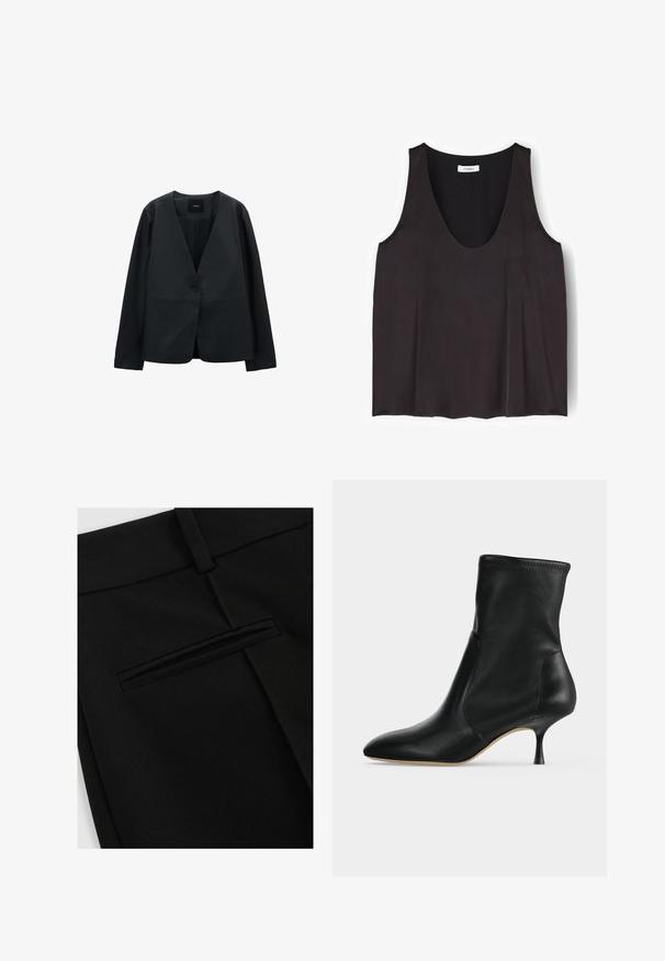 Schwarzer, strukturierter Blazer aus glattem Stoff. Verfügt über einen tiefen V-Ausschnitt, einen einzelnen Knopfverschluss und lange Ärmel mit minimalen Details.; Schwarzes ärmelloses Top mit rundem Ausschnitt, einfachem, glattem Stoff und kleinem Etikett im Nackenbereich.; Schwarze Hose aus glattem Stoff, mit einem flachen Schnitt und einer einzigen Gesäßtasche mit Schlitzöffnung.; Schwarzer Lederknöchelstiefel mit spitzer Spitze und schlankem, mittelhohem Absatz, seitlich vor hellem Hintergrund dargestellt.