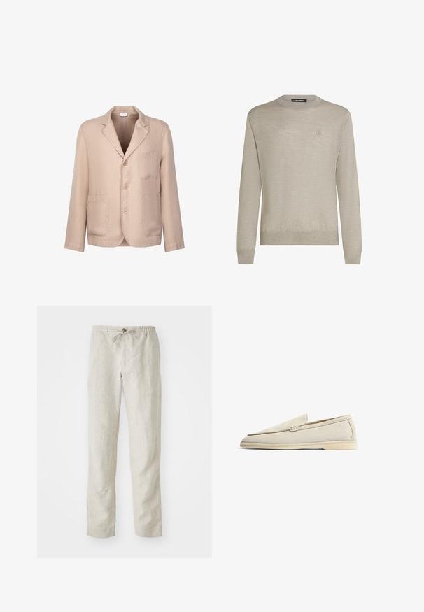 Blazer beige à simple boutonnage avec trois boutons, revers crantés, une poche poitrine et deux poches plaquées à l'avant, fabriqué en tissu léger.; Pull beige clair à col rond avec manches longues et broderie discrète du petit logo sur la poitrine gauche.; Pantalons en lin beige clair avec une coupe droite, une taille élastique, un cordon de serrage ajustable et sans motifs ni accessoires visibles.; Scarosso LUDOVICO - Chaussons - sand suede
