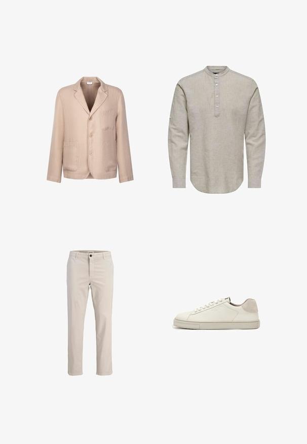 Blazer beige à simple boutonnage avec trois boutons, revers crantés, une poche poitrine et deux poches plaquées à l'avant, fabriqué en tissu léger.; Chemise longue à manches beiges claires en lin avec un col rond, une patte de boutonnage et un ourlet arrondi ; présente une texture subtile.; Pantalon décontracté pour homme beige à jambes droites, avec passants de ceinture, bouton devant, fermeture éclair et poches latérales.; Baskets basses en cuir blanc avec lacets blancs, semelle légèrement texturée et patch en daim gris clair au talon, vue latérale.
