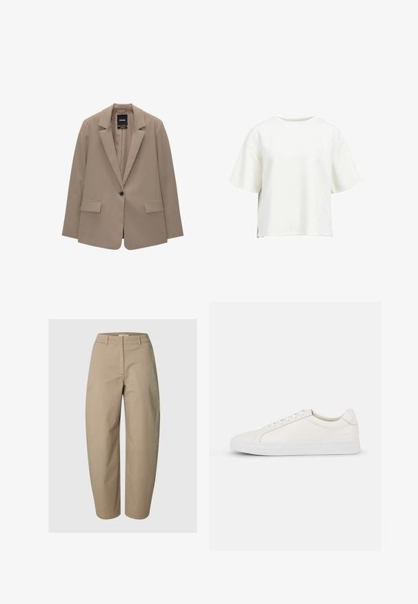 Blazer beige avec une coupe ajustée, fermeture à un bouton, revers crantés, et deux poches avant. Texture lisse, design minimaliste.; T-shirt blanc court en tissu doux, avec un col rond, de courtes manches larges et des fentes sur les côtés pour plus de liberté de mouvement.; Pantalon beige taille haute à jambes droites avec passants de ceinture, fermeture éclair frontale et absence de poches visibles, présenté sur un fond uni.; Baskets en cuir blanc avec une texture lisse, bout arrondi, devant à lacets et semelle plate en caoutchouc. Design simple sans motifs ni accents.