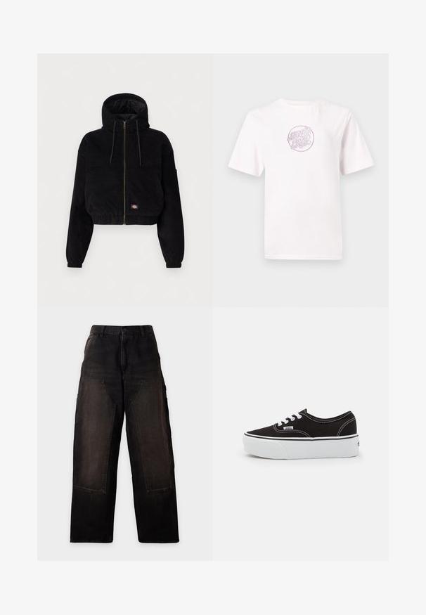 Chaqueta corta negra de tejido de pana, con capucha, cierre frontal de cremallera y puños elásticos. Incluye un detalle de logotipo bordado.; Camiseta de algodón blanca con mangas cortas, que presenta un logo circular bordado en color rosa con texto estilizado en el centro.; Pantalones negros de pierna ancha con grandes bolsillos delanteros de parche y trabillas para cinturón, mostrados sobre un fondo claro y liso.; Zapatilla de lona negra con suela de plataforma de goma blanca, que presenta cordones y costuras blancas, con branding icónico en el lateral, diseño de corte bajo.