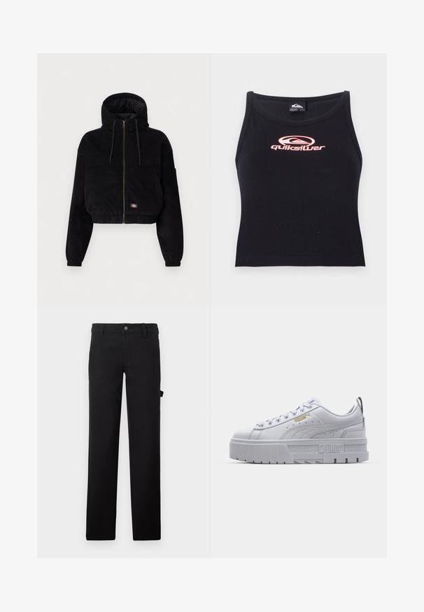 Čierna skrátená bunda vyrobená z kordu, s kapucňou, predným zipsom a elastickými manžetami. Obsahuje vyšívané logo.; Čierny bezrukávový crop top vyrobený z mäkkej tkaniny, ktorý na hrudi zdobí ružové logo Quiksilver. Jednoduchý dizajn s okrúhlym výstrihom.; Čierne nohavice z hladkej látky, navrhnuté s rovnými nohavicami, zapínaním na gombík a bočnou kapsou.; Biele platformové tenisky so hladkým koženým zvrškom, polstrovaným golierom, šedou gumovou podrážkou a zlatými akcentami, v ktorých sa nachádza logo Puma.