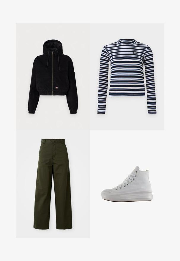 Schwarze, cropped Jacke aus Cordstoff, mit Kapuze, durchgehendem Reißverschluss und elastischen Bündchen. Beinhaltet ein gesticktes Logodetail.; Schwarz-weißer gestreifter Langarmoberteil mit hohem Kragen, gerippter Textur, mit blauen und beigen Akzenten sowie einem kleinen Logo auf der Brust.; Olivgrüne weit geschnittene Hose aus robustem Baumwollmaterial. Verfügt über einen Knopfverschluss, einen taillierten Bund und einen geraden Schnitt ohne sichtbare Muster.; Weißer High-Top-Canvas-Sneaker mit weißen Schnürsenkeln, metallischen Ösen, dicker Gummisohle und strukturierter Zehenkappe, nach links auf weißem Hintergrund ausgerichtet.