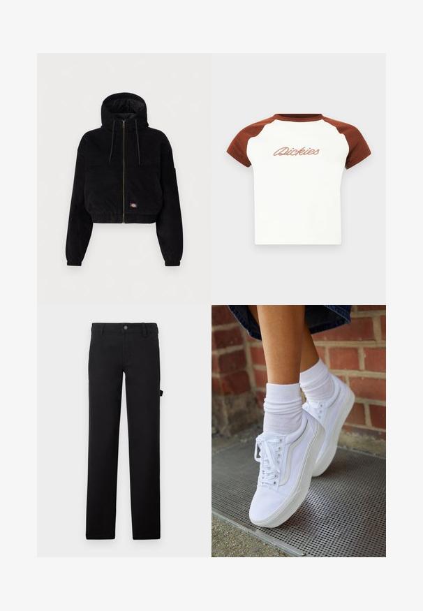 Zwart geknipte jas van corduroy stof, met een capuchon, een ritssluiting aan de voorkant en elastische manchetten. Inclusief een geborduurd logo-detail.; Kortekous T-shirt met een witte body en bruine raglanmouwen. Bevat "Dickies" in gestileerde stiksels over de borst. Glad materiaal.; Zwarte broek van stof met een gladde textuur, ontworpen met rechte pijpen, een knoopsluiting en een zijzak.; Witte canvas sneakers met rubberen zolen, voorzien van zes vetertjes, een ronde neus en lichte stikdetails, gecombineerd met witte enkelsokken.