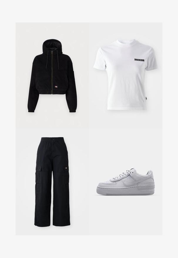 Sort cropped jakke lavet af corduroy stof, med hætte, lynlås foran og elastiske manchetter. Inkluderer en broderet logo detalje.; Hvid kortærmet T-shirt lavet af bomuld med rund hals og sort "DICKIES" logo på venstre brystområde. Glat tekstur og tætsiddende design.; Sorte cargo bukser med elastisk talje og en knap. Har to store sidelommer og et patch-logo på venstre ben. Bred bendesign.; Grå Nike Air Force 1 sneakers med perforeret tå, glat læderoverdel, tyk sål og præget 'AIR' detalje på hælen.