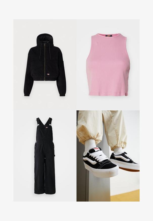 Sort cropped jakke lavet af corduroy stof, med hætte, lynlås foran og elastiske manchetter. Inkluderer en broderet logo detalje.; Rosa ribbet crop top med rund halsudskæring og ærmeløs design. Har en kant, der slutter lige over taljen.; Sorte denim overalls med brede ben, justerbare skulderstropper, lomme foran og sølv hardware detaljer. Glat tekstur, minimalistisk design.; Person iført sorte og hvide Vans sneakers med hvide snørebånd, hvide sokker og beige bukser med elastiske manchetter.