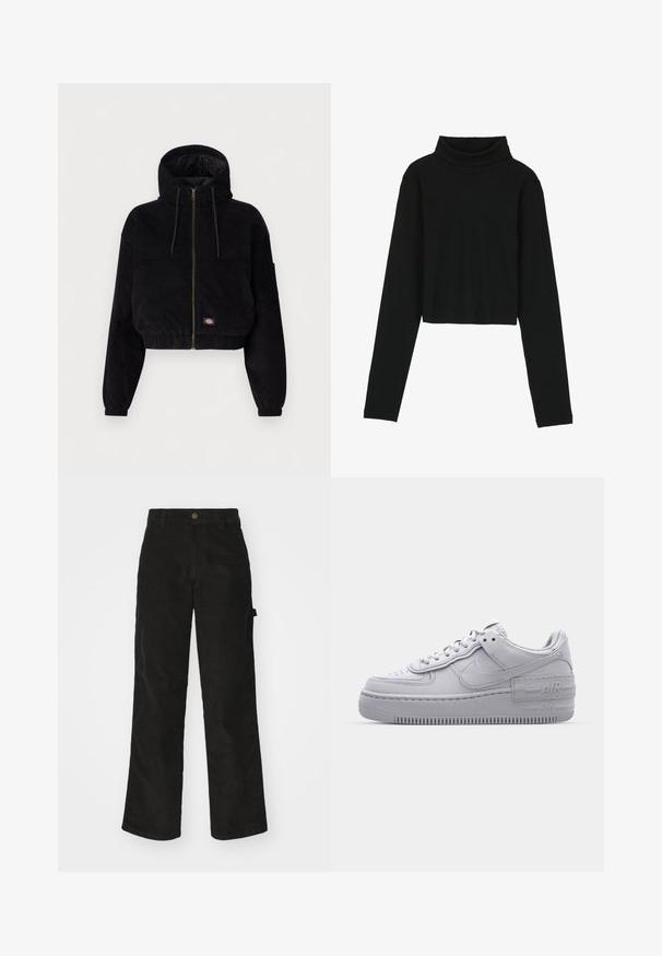 Čierna skrátená bunda vyrobená z kordu, s kapucňou, predným zipsom a elastickými manžetami. Obsahuje vyšívané logo.; Even&Odd by Zalando Top s dlhým rukávom - black; Čierne kordurové nohavice s rovným strihom, ktoré majú zapínanie na gombík a bočné vrecko. Hladká textura s jemnými vertikálnymi pruhmi.; Šedé tenisky Nike Air Force 1 s perforovanou špičkou, hladkým koženým zvrškom, hrubou podrážkou a embosovaným detailom 'AIR' na päte.