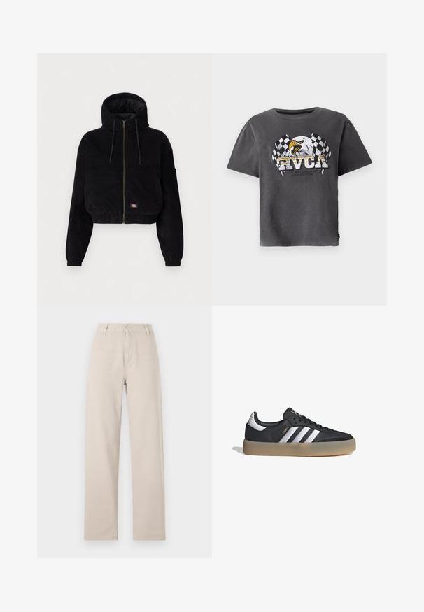 Chaqueta corta negra de tejido de pana, con capucha, cierre frontal de cremallera y puños elásticos. Incluye un detalle de logotipo bordado.; Camiseta de algodón gris con mangas cortas que presenta un diseño gráfico de un águila y banderas a cuadros. El diseño incluye el texto "RVCA" y un eslogan debajo.; Pantalones de pierna ancha beige fabricados en algodón, con cierre frontal de botones, trabillas para cinturón y un ajuste clásico con líneas limpias.; Zapatilla deportiva de cuero negro con tres rayas plateadas, punta texturizada y suela de goma. Cuenta con un collar acolchado y un diseño con cordones.