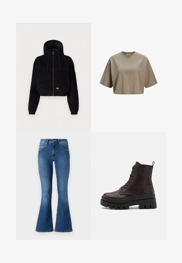 Schwarze, cropped Jacke aus Cordstoff, mit Kapuze, durchgehendem Reißverschluss und elastischen Bündchen. Beinhaltet ein gesticktes Logodetail.; Braunes, cropped T-Shirt aus weicher Baumwolle, mit Rundhalsausschnitt und kurzen Ärmeln. Glatte Textur mit dezenten Stichdetails.; Ausgestellte blaue Denim-Jeans mit mittelhoher Taille, ausgestattet mit fünf Taschen, einem Knopfverschluss und subtilen Ausbleichungen entlang der Beine.; Braune Leder-Ankel-Stiefel mit abgerundeter Spitze, schwarzer klobiger Sohle und Schnürdetails. Ausgestattet mit einer Schlaufe hinten für einfaches Anziehen.