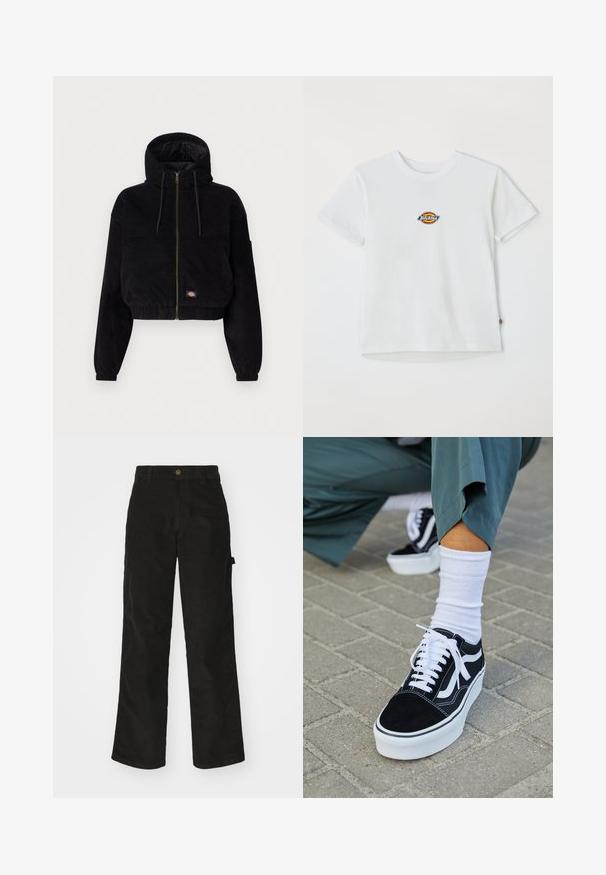 Sort cropped jakke lavet af corduroy stof, med hætte, lynlås foran og elastiske manchetter. Inkluderer en broderet logo detalje.; Hvid bomulds t-shirt med et rundt logo med flerfarvede accenter. Korte ærmer og rund halsudskæring, med et lille mærke ved kanten.; Sorte kordfløjsbukser med et lige ben-design, der har en knaplukning og sidelommer. Glat tekstur med fine lodrette striber.; Sorte ruskinds sneakers med hvide accenter og snørebånd, der har en tyk hvid sål og kontrasterende syninger, parret med en hvid sok.