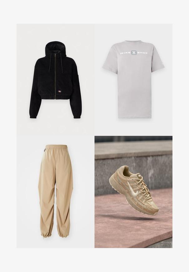 Sort cropped jakke lavet af corduroy stof, med hætte, lynlås foran og elastiske manchetter. Inkluderer en broderet logo detalje.; Lysegrå bomulds t-shirt med rund hals og korte ærmer, med "NIKE SHOX" trykt i fede hvide bogstaver på tværs af brystet.; Beige letvægtsbukser med elastisk talje, tapered manchetter og en glat tekstur, der har en afslappet pasform og ingen synlige mønstre eller udsmykninger.; Beige Nike-sneaker med hvid Swoosh-logo, mesh og læderoverdel, svævende over en lyserød betongulv med en grå stens baggrund.